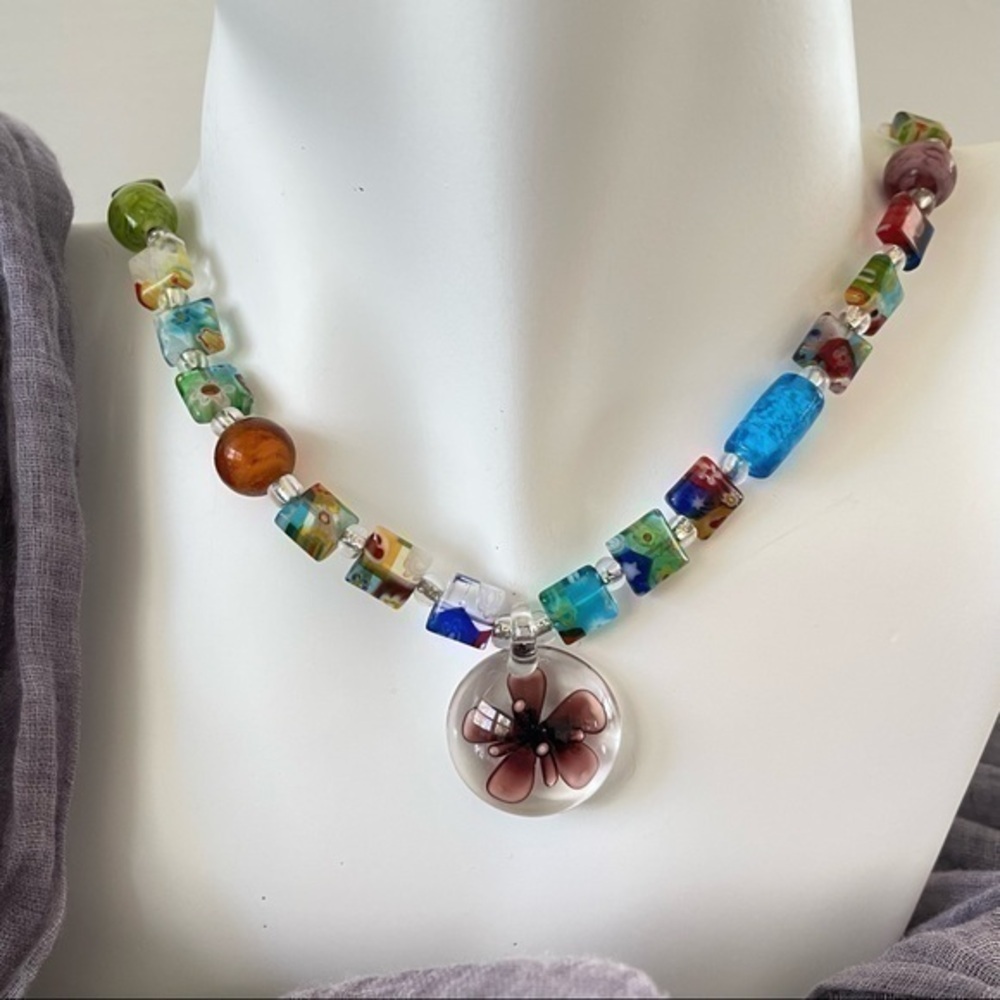 $49 SALE Handmade Chunky Millefiori Glass Necklace 18.75” Purple Flower NWT